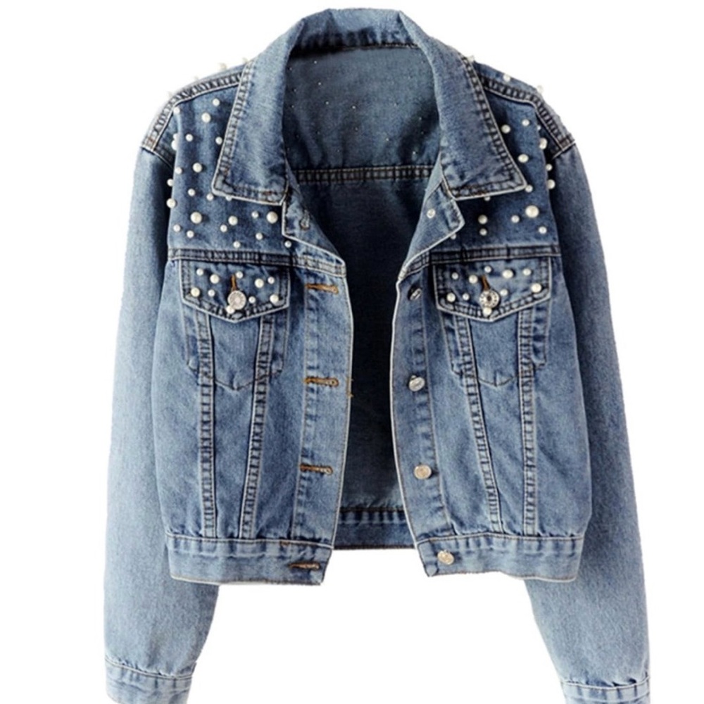Pearl-Studded Denim Jean Jacket